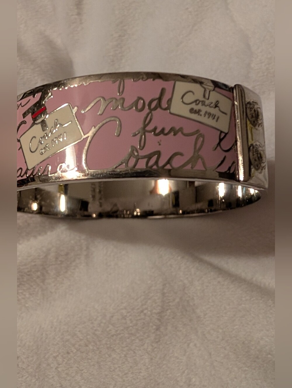 Coach Pink Script Perfume Bottle Enamel Bangle Bracelet Pink Silver Like New - Picture 2 of 13